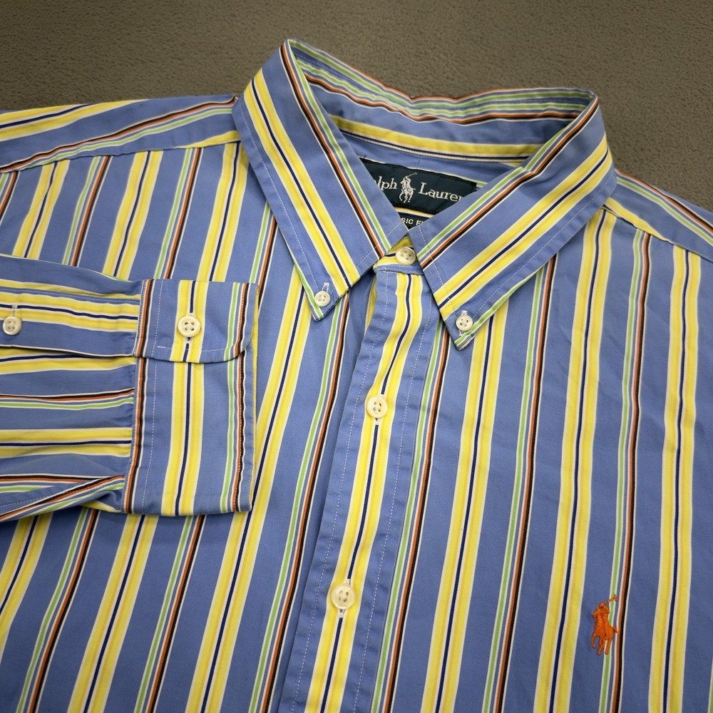 Ralph Lauren Button Down Shirt Mens XL Blue Yellow Striped Classic Fit Cotton
